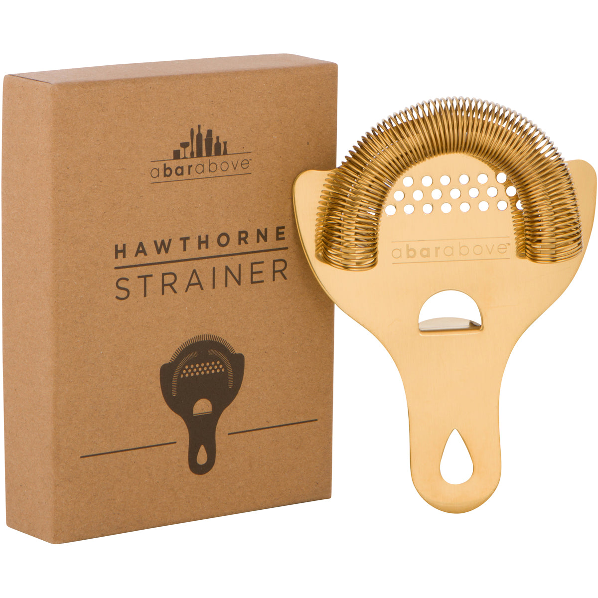 Matte gold Hawthorne cocktail strainer with a tight spring and perforated face, next to its brown box.