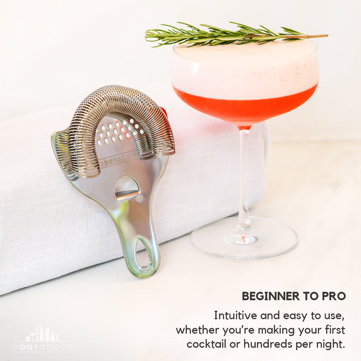 A labeled graphic of a silver Hawthorne strainer and cocktail, highlighting ease of use (details in description).