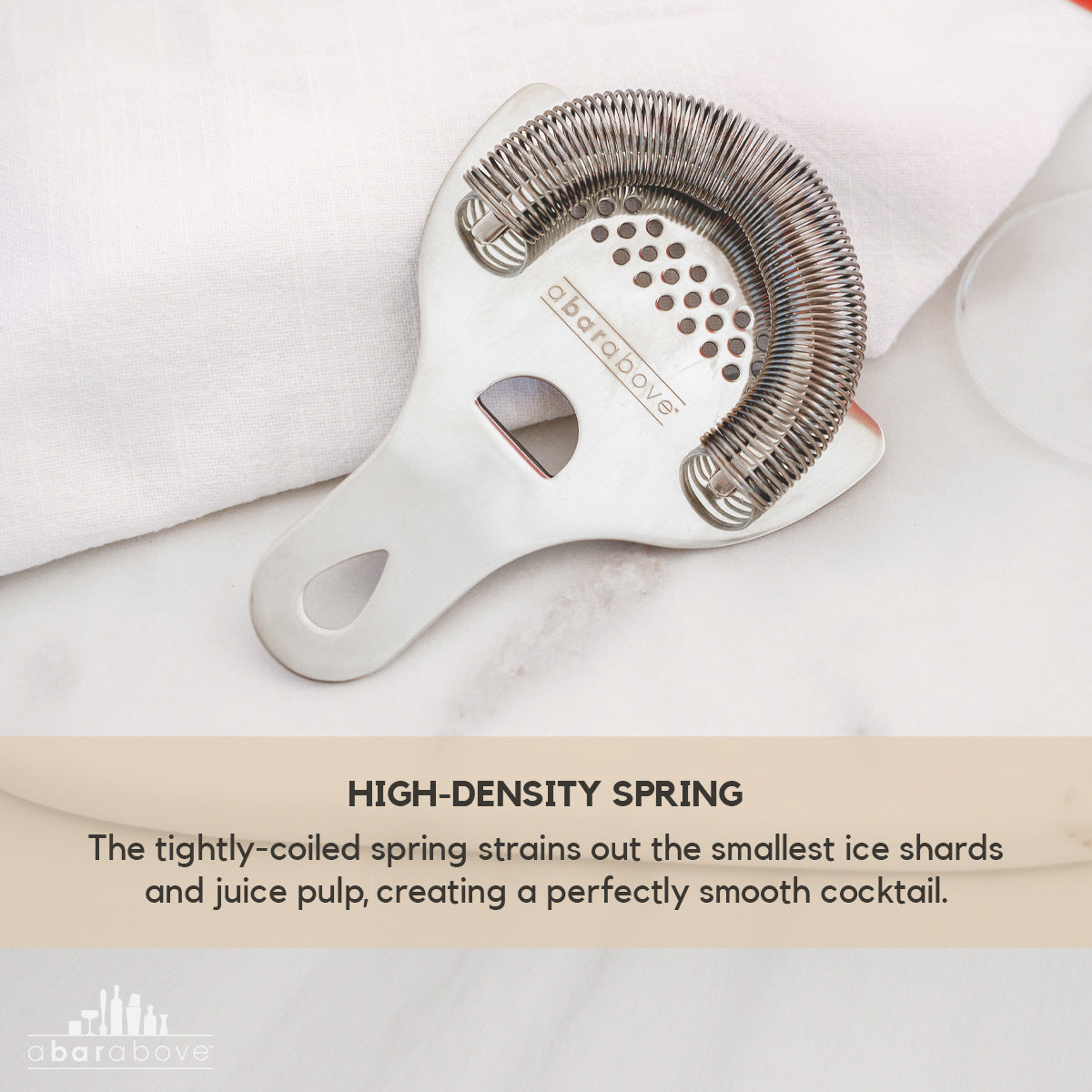 Labeled feature graphic for a stainless steel Hawthorne strainer, highlighting its high-density spring (details in description).