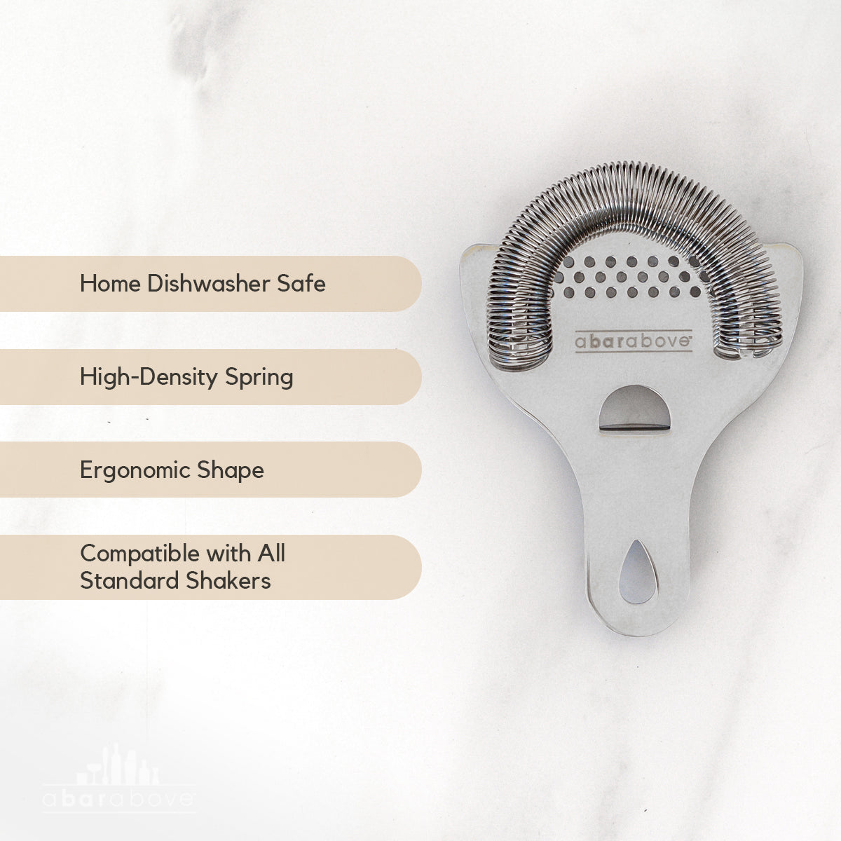 Labeled features graphic for a stainless steel Hawthorne Strainer, highlighting key design aspects (details in description).