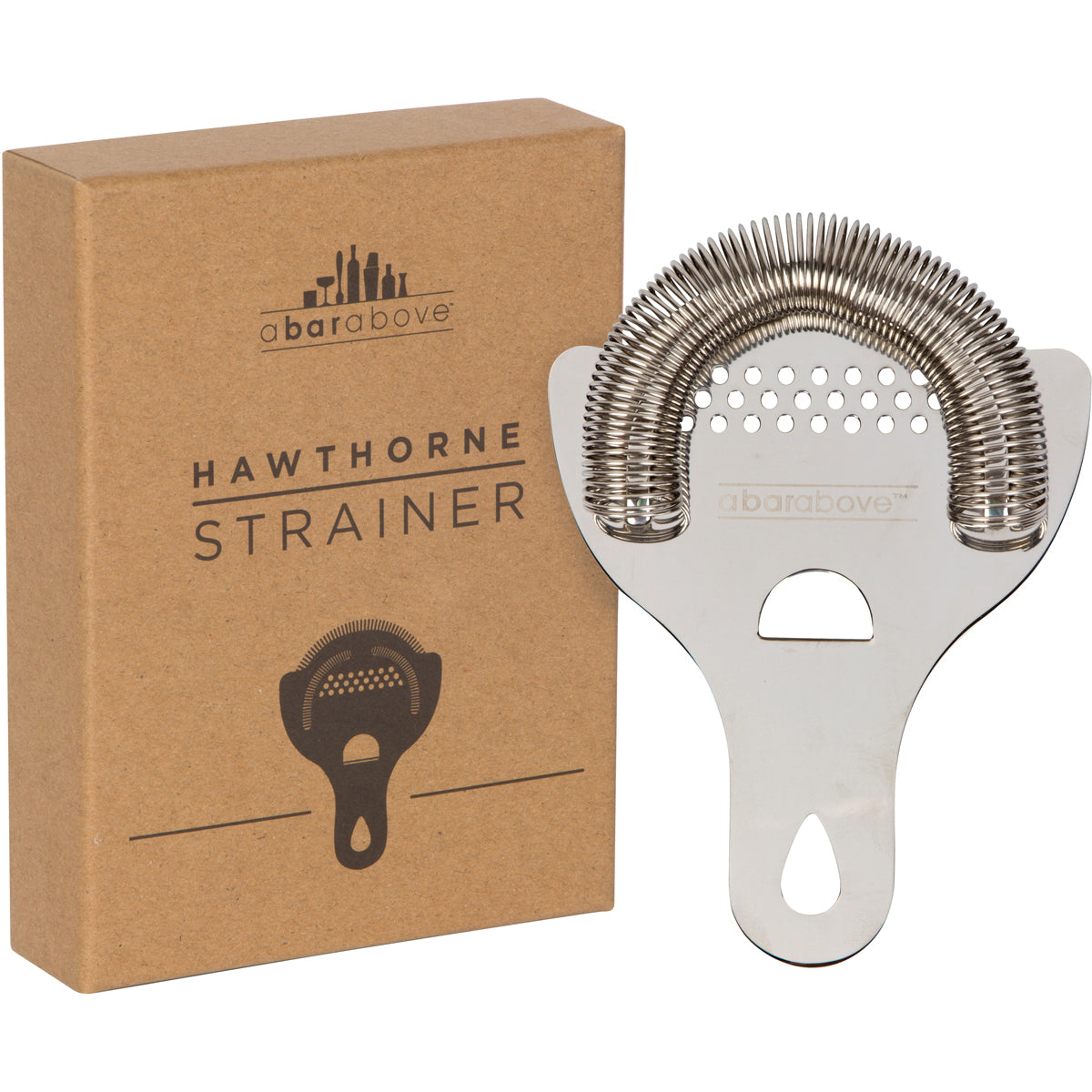 Stainless steel Hawthorne cocktail strainer with a coiled spring, shown next to its brown cardboard box.