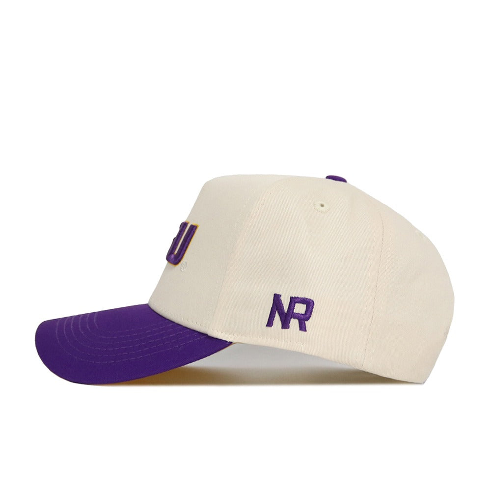 The Classic LSU Hat (B2B) by No Rivals is a cream-colored cotton baseball cap with a purple brim, purple NR embroidery on the side, and purple and yellow details on the front. It features an adjustable snapback for one-size-fits-most comfort.