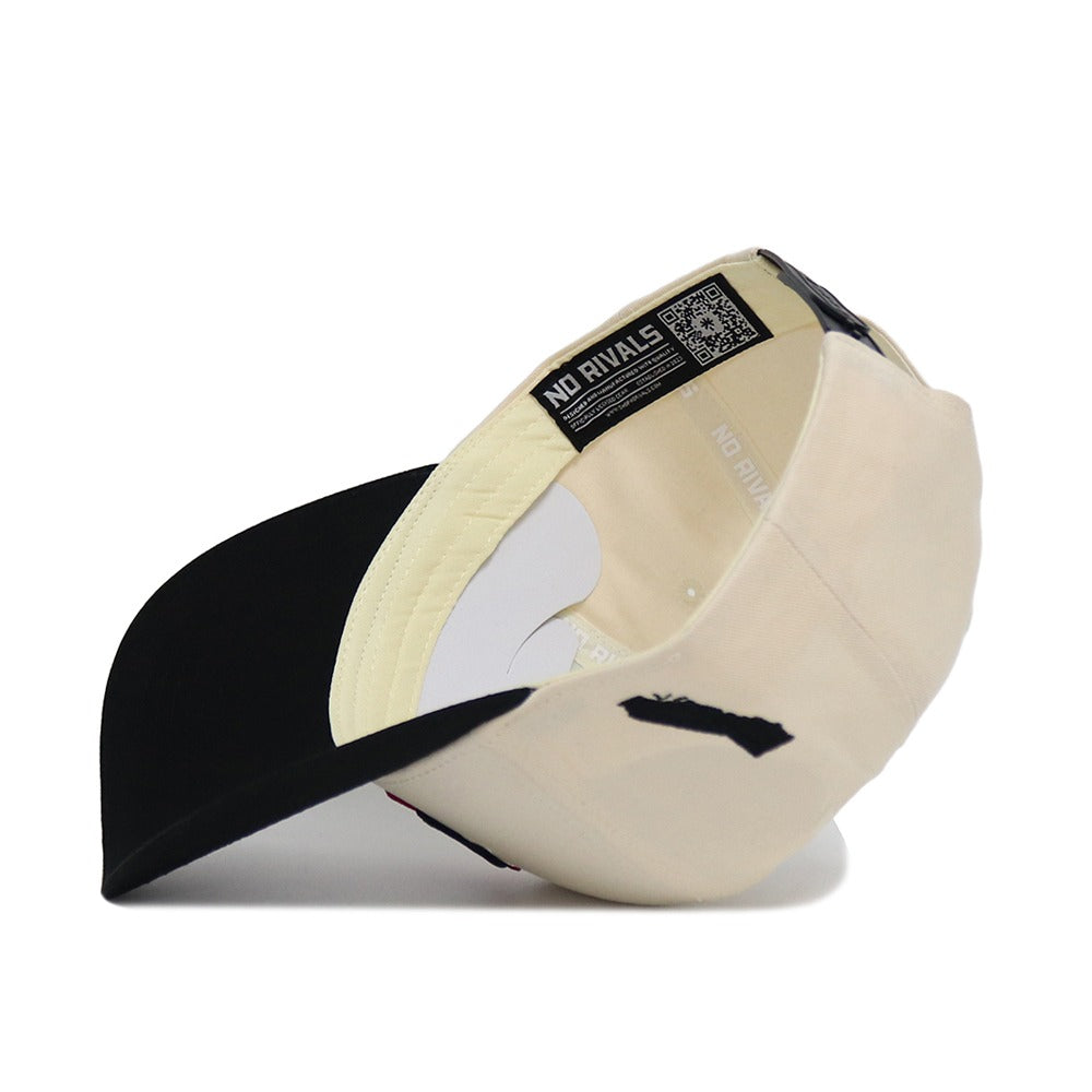 The Classic San Diego State Hat (B2B) by No Rivals features a structured cream and black design, inner NO RIVALS label, and a hand silhouette on the brim for lasting shape and unique style.