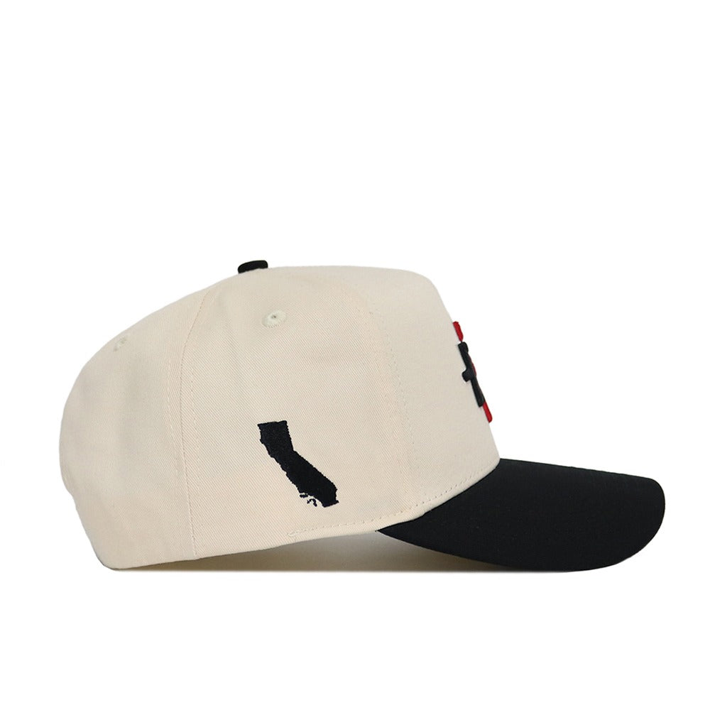 The No Rivals Classic San Diego State Hat (B2B) is a beige snapback with a structured fit, black brim, and embroidered black California silhouette on the side, made from premium cotton.