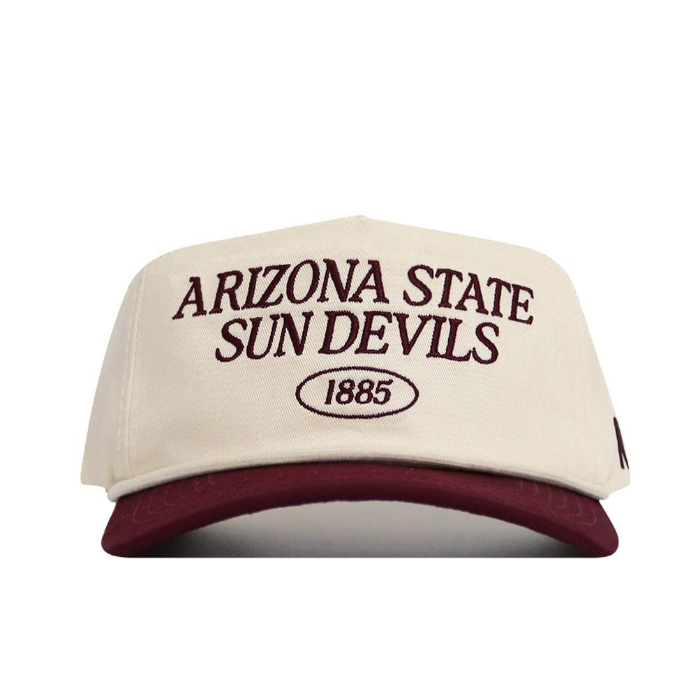 The No Rivals Arizona State Old School Hat (B2B) is a cream-colored unstructured fit snapback featuring "ARIZONA STATE SUN DEVILS 1885" embroidered in maroon on the front and a maroon brim—an officially licensed display of team spirit.