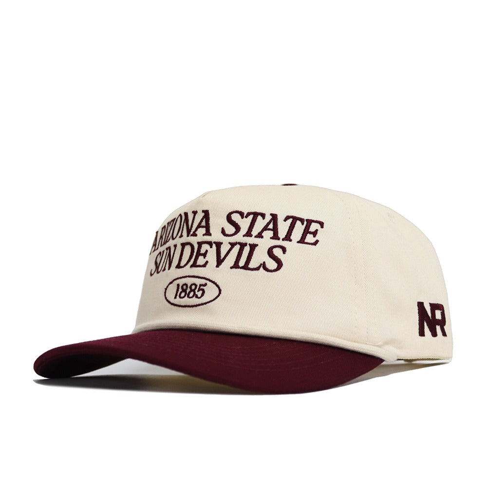 The Arizona State Old School Hat by No Rivals features a cream color, unstructured fit, maroon brim, ARIZONA STATE SUN DEVILS and 1885 embroidered in maroon on the front, plus NR detail on the side.