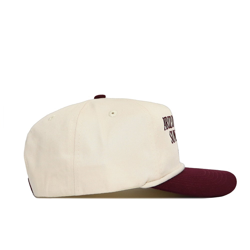 The Arizona State Old School Hat by No Rivals features a cream color with a maroon brim, unstructured fit, adjustable snap back, and partial black embroidered front text. Officially licensed and shown from the side.