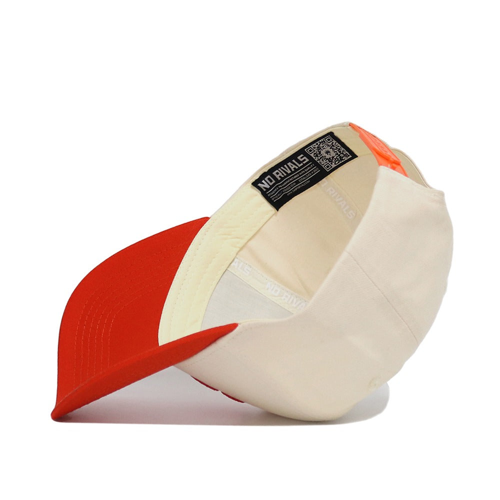 The Classic Clemson Hat (B2B) by No Rivals is a cream snapback with a red brim, shown inside out to display its black NO RIVALS label and QR code on the inner band—ideal for your next gameday fit.