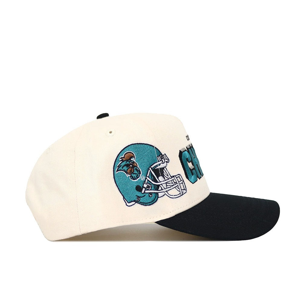 The No Rivals Coastal Carolina Alma Mater Hat - Classic (B2B) is a white crown, black brim snapback baseball cap with an embroidered teal football helmet and Chanticleer mascot logo on the side. Made from high quality cotton for comfort.