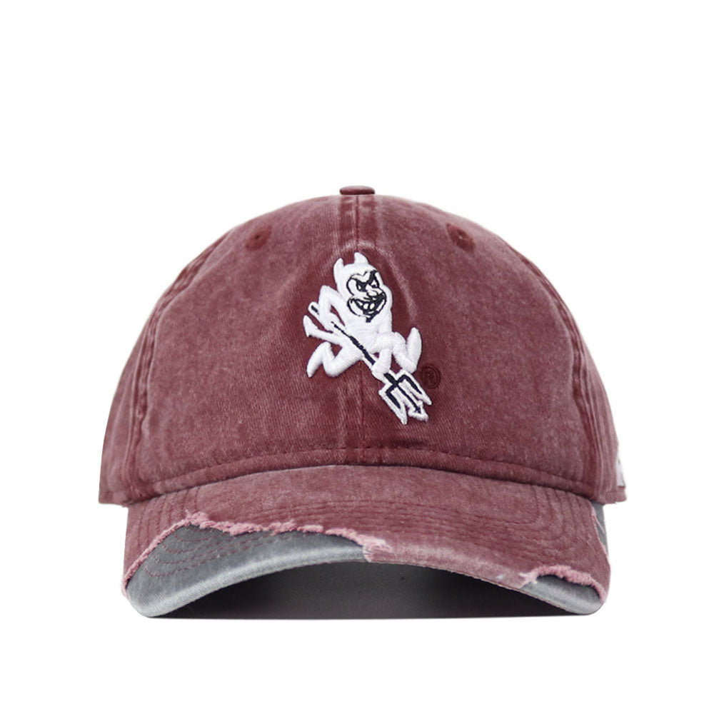 The Arizona State Denim Hat is a maroon washed cotton dad hat with a distressed brim and a white embroidered cartoon devil holding a trident on the front. It's adjustable for comfort.