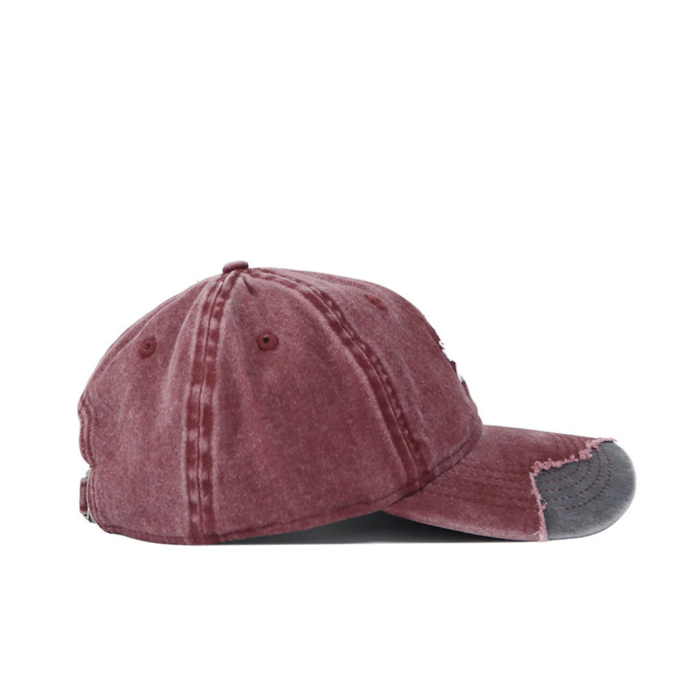 The Arizona State Denim Hat is a maroon distressed dad hat with a gray, frayed bill, visible stitching, adjustable back, and vintage washed cotton design. Shown from the side against a white background.