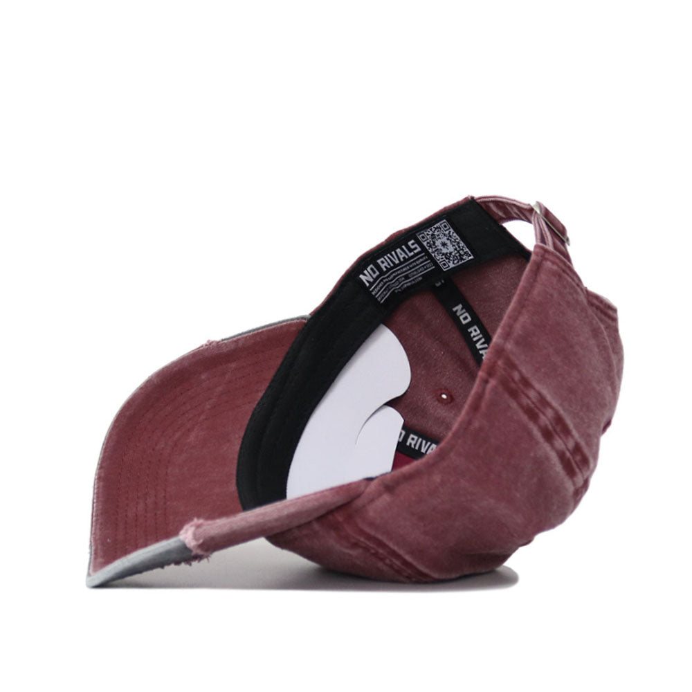 The Arizona State Denim Hat is shown inside out, revealing a black NO RIVALS sweatband and a white cardboard insert under the crown. The maroon washed cotton brim is slightly curved, giving it a worn look.