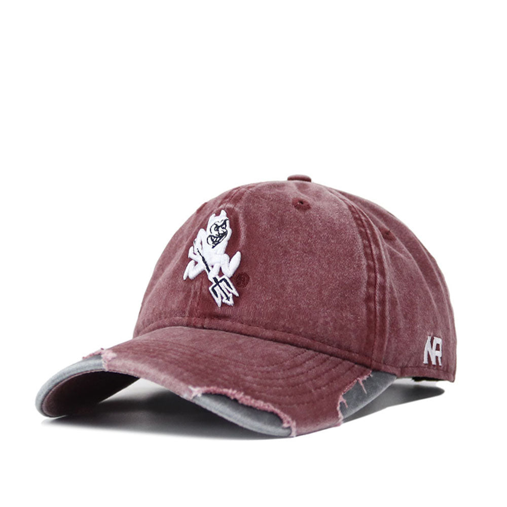 The Arizona State Denim Hat is a maroon washed cotton dad hat with a white embroidered mascot on the front, curved distressed brim, adjustable fit, and "AR" stitched on the side.