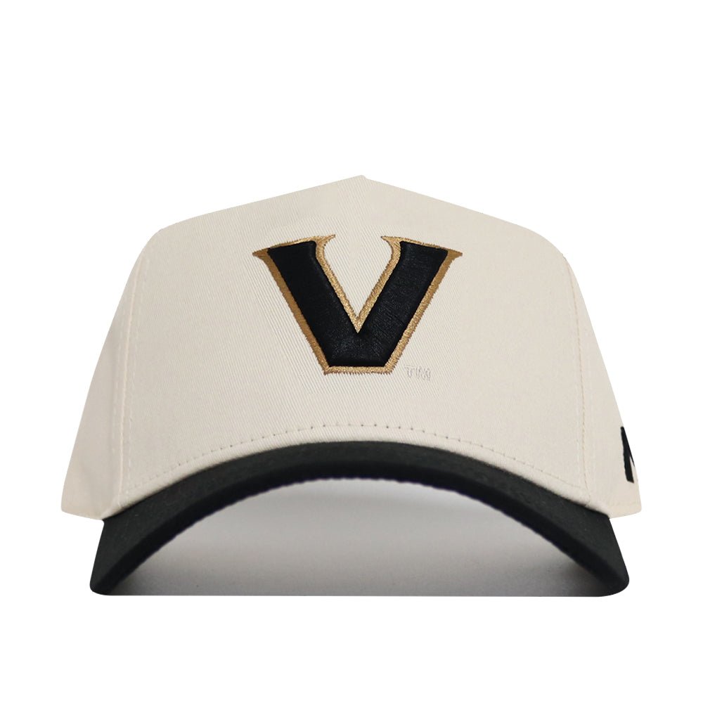The No Rivals Classic Vanderbilt Hat (B2B) features a white snapback design, black curved brim, and a bold black and gold embroidered V—perfect for topping off your gameday look.
