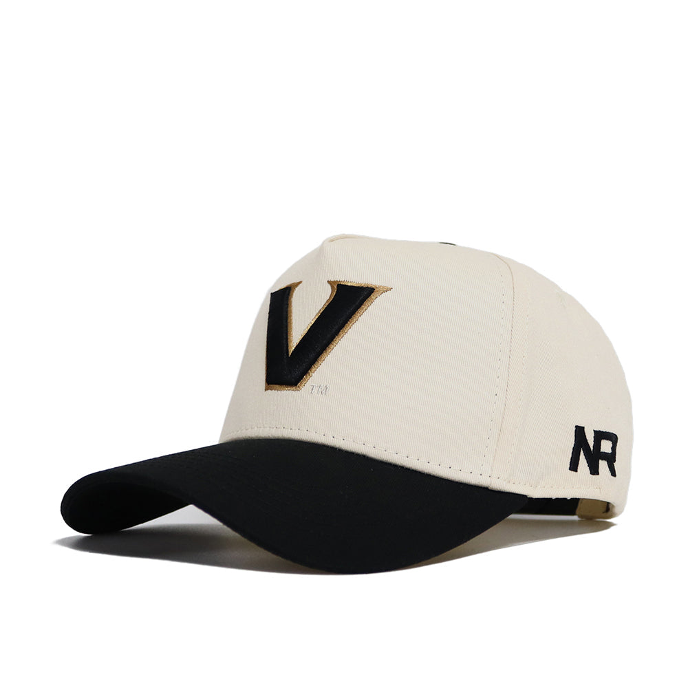 The Classic Vanderbilt Hat (B2B) by No Rivals is a white snapback featuring a bold black and gold V on the front, black NR on the side, and a black brim—perfect for gameday style.
