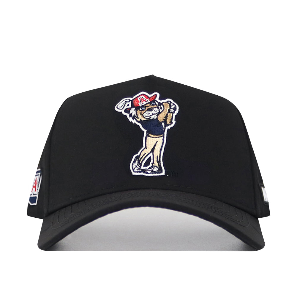 The No Rivals Arizona Golf Hat - Black features an embroidered cartoon bear swinging a golf club in a red "A" cap, small logos near the brim, and a structured fit with an adjustable snapback closure for comfort.