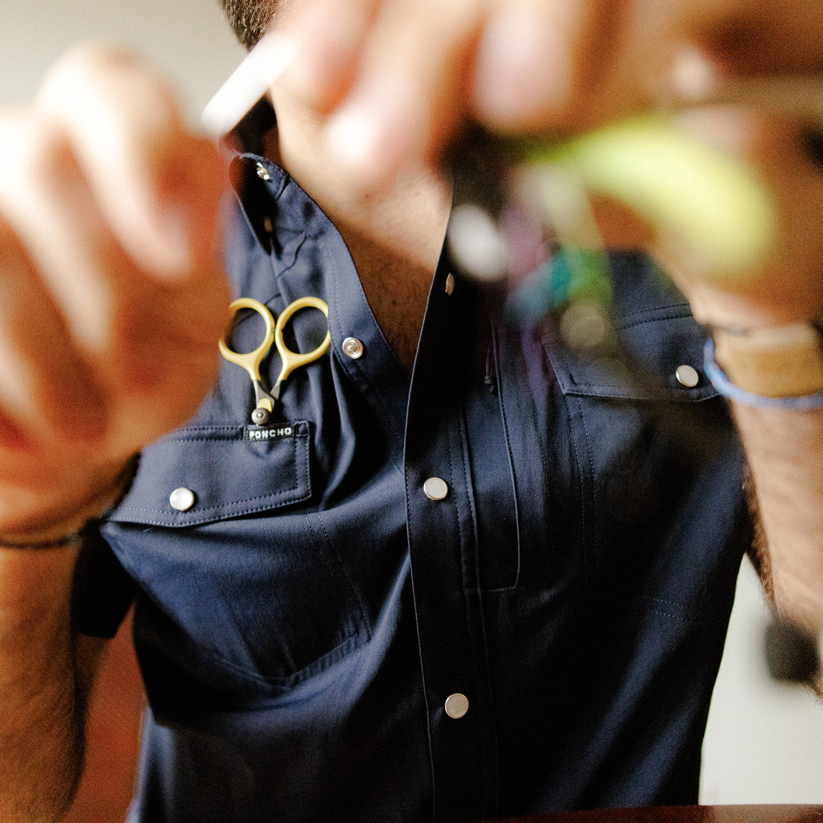 closeup of blue short sleeve shirt