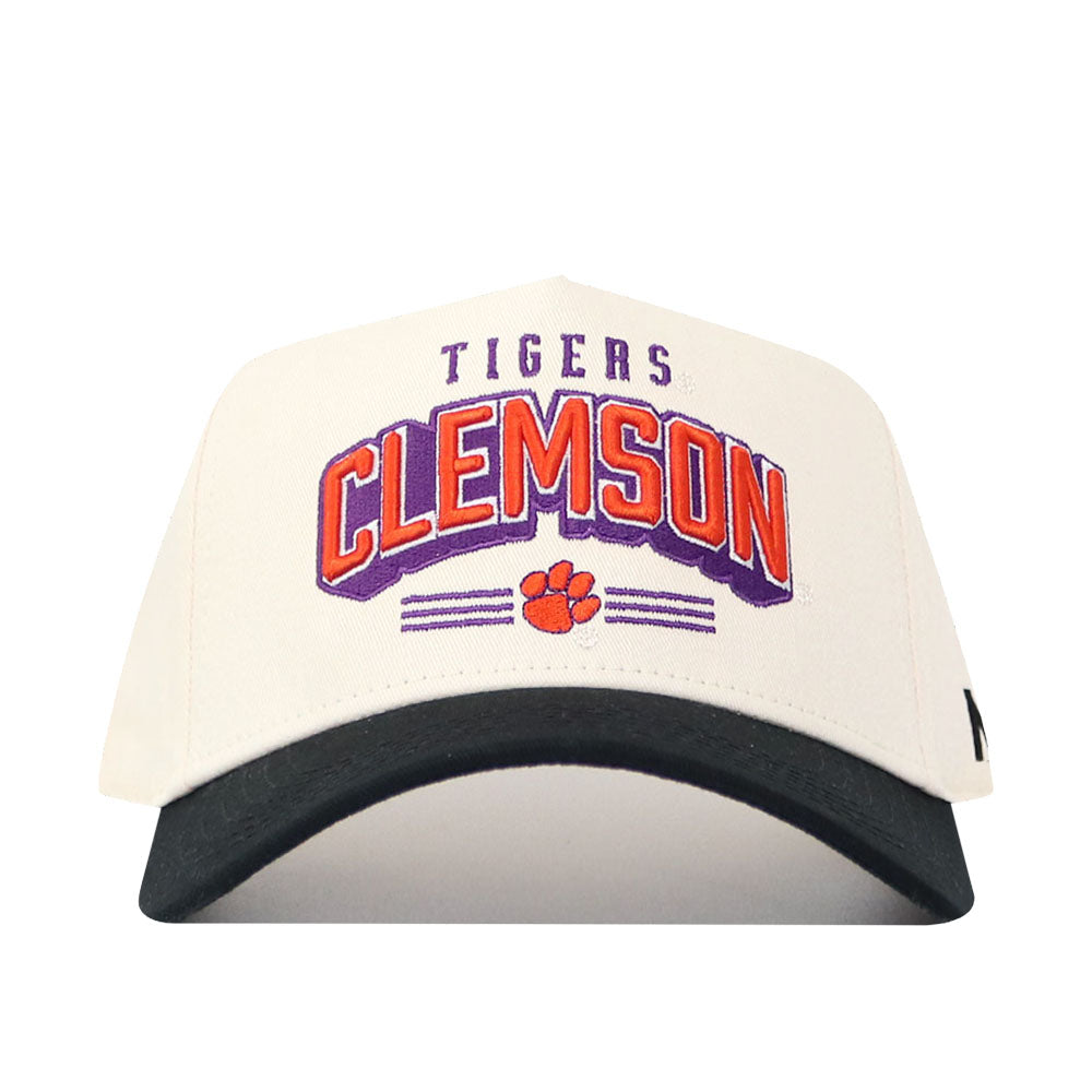 The No Rivals Clemson Letterman Hat is a white structured snapback with a black brim, bold orange and purple CLEMSON text, TIGERS above, and an orange tiger paw logo below. Made from high-quality cotton.