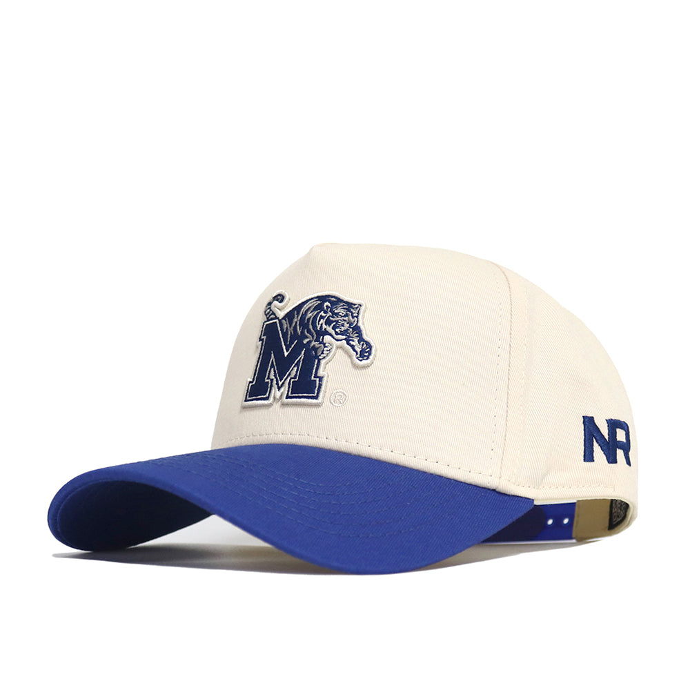 The Classic University of Memphis Hat by No Rivals is a white cotton baseball cap with a blue brim, featuring a blue embroidered M with tiger logo on the front and blue NR stitching on the side.