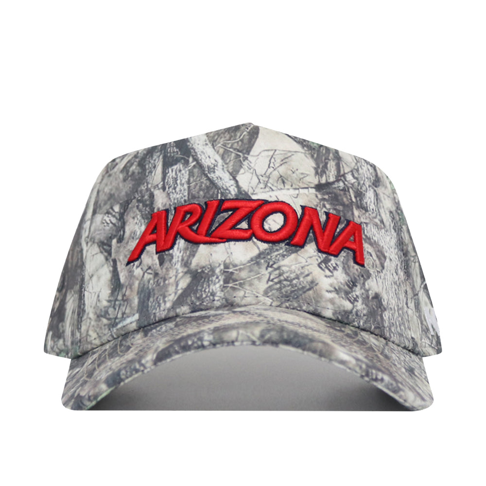 The No Rivals Arizona Outland Hat is a high-quality cotton baseball cap with a camouflage pattern, bold red "ARIZONA" embroidery on the front, and an adjustable snap back closure for comfort.