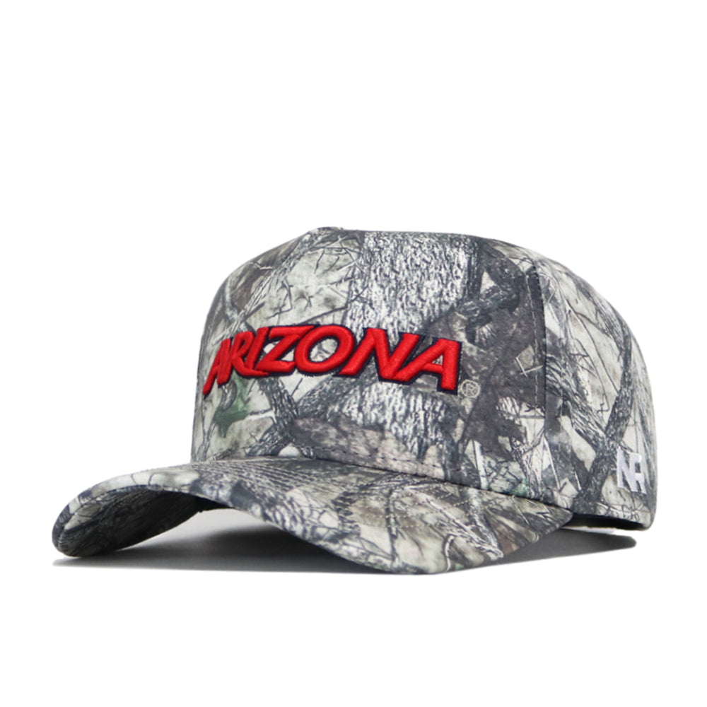 The No Rivals Arizona Outland Hat is a high-quality cotton camo baseball cap with "ARIZONA" boldly embroidered in red on the front and an adjustable snapback closure.