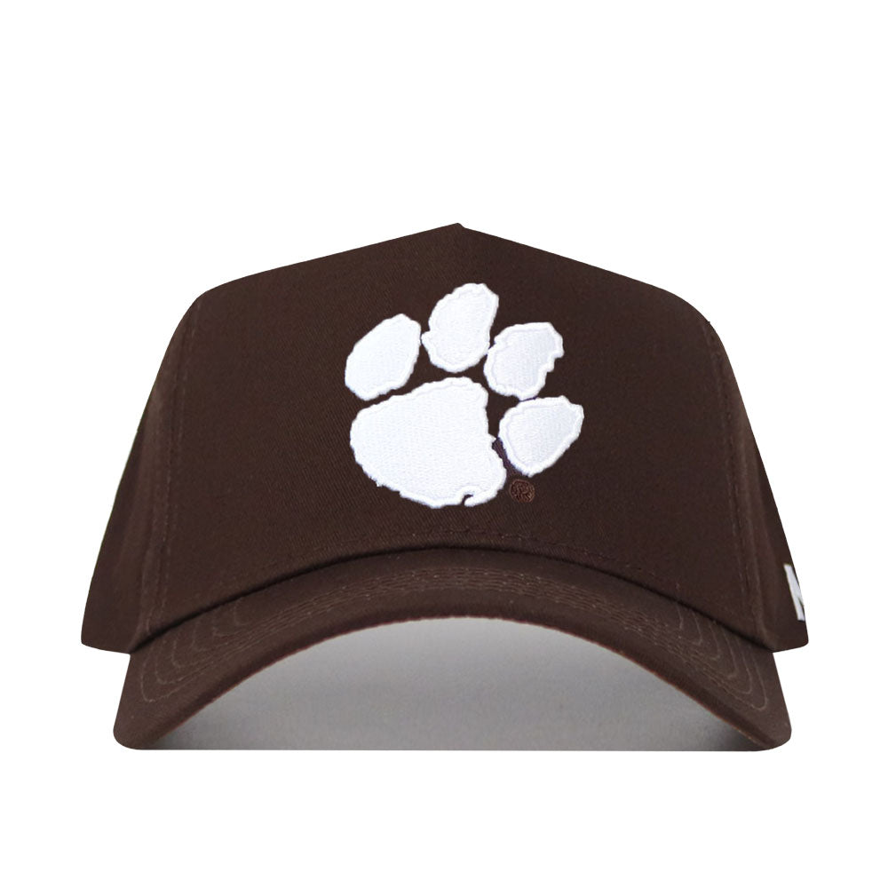 The Clemson Americano Hat is a brown cotton baseball cap with a large white paw print on the front and an adjustable snapback for a custom fit.