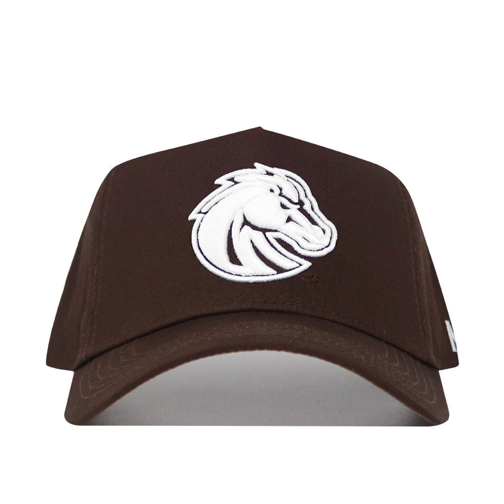 The Boise State Americano Hat is a brown baseball cap with a white embroidered horse head logo, made from high-quality cotton. It features a structured fit and a snapback closure for convenience.