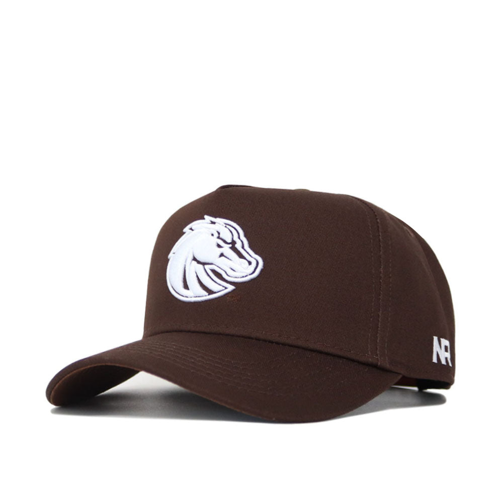 The Boise State Americano Hat is a brown snapback made from high-quality cotton, featuring a white embroidered stylized horse head logo on the front and white NR lettering on the side in a structured fit.