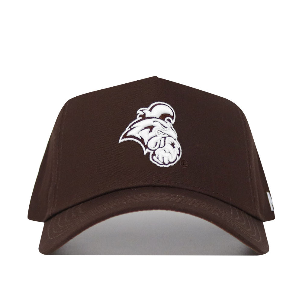 The Coastal Carolina Americano Hat is a brown, structured-fit cotton cap with a white embroidered bulldog mascot on the front, showcasing its bold logo and curved brim.