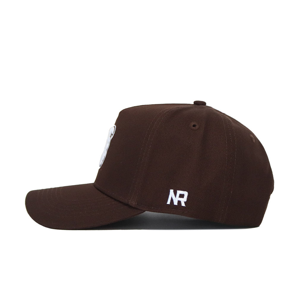 The Coastal Carolina Americano Hat is a brown structured-fit cap crafted from premium cotton with a curved brim. White "NR" embroidery appears on the side panel near the back.
