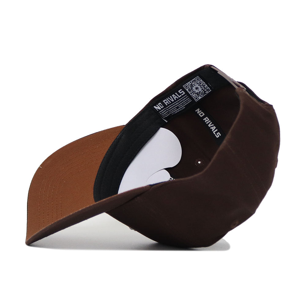 The Coastal Carolina Americano Hat is a brown, structured fit snapback cap with a curved brim, black sweatband printed with "NO RIVALS," and crafted from high-quality cotton for style and comfort.