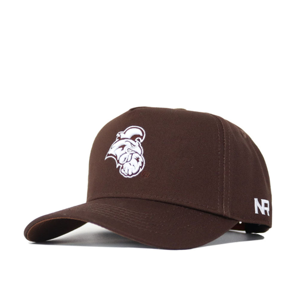 The Coastal Carolina Americano Hat is a brown snapback made of high-quality cotton, featuring a white cartoon bulldog logo on the front and white NR initials on the side.