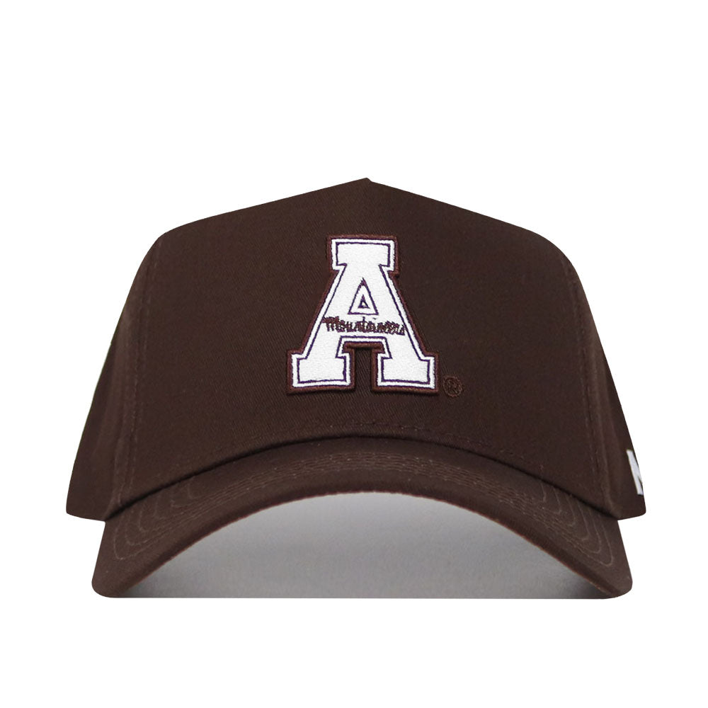 The App State Americano Hat is a brown snapback made of durable cotton, showcasing a large white letter A outlined in black on the front.