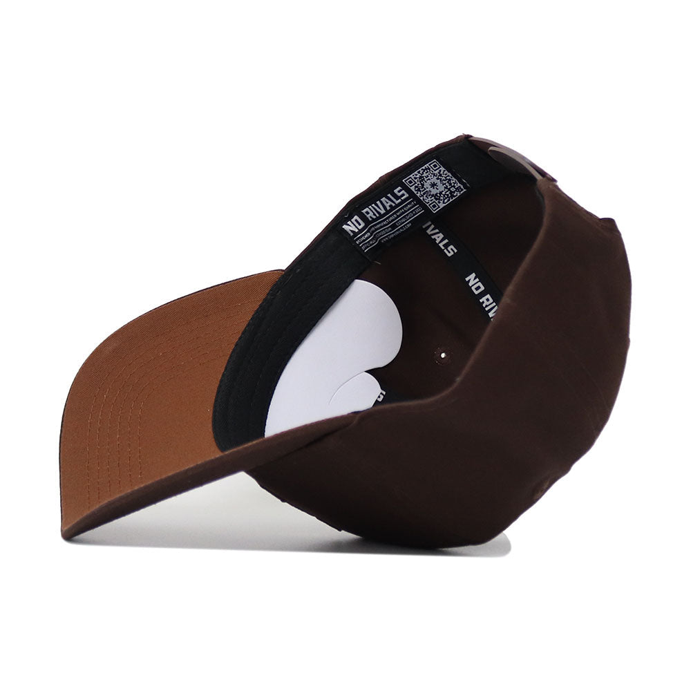 The App State Americano Hat, a brown snapback, is shown upside down to display the "NO RIVALS" text on its inner band, brown brim, structured fit, and curved visor.