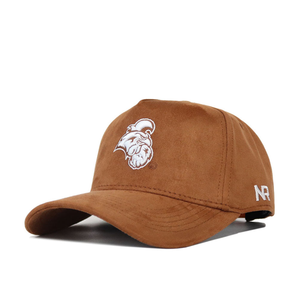 The No Rivals Coastal Carolina Heritage Hat is a brown suede baseball cap with a white embroidered angry ram logo on the front, NR stitched in white on the side, and a curved brim for style and comfort.