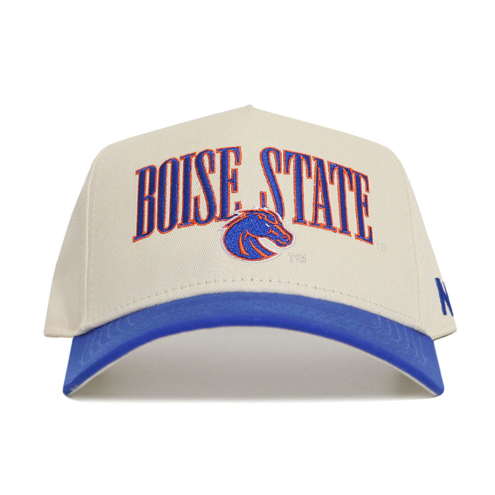 The Boise State Retro Block Hat by No Rivals is a classic white and blue snapback featuring "BOISE STATE" in blue and orange embroidery with a bronco logo on front, made from high quality cotton.