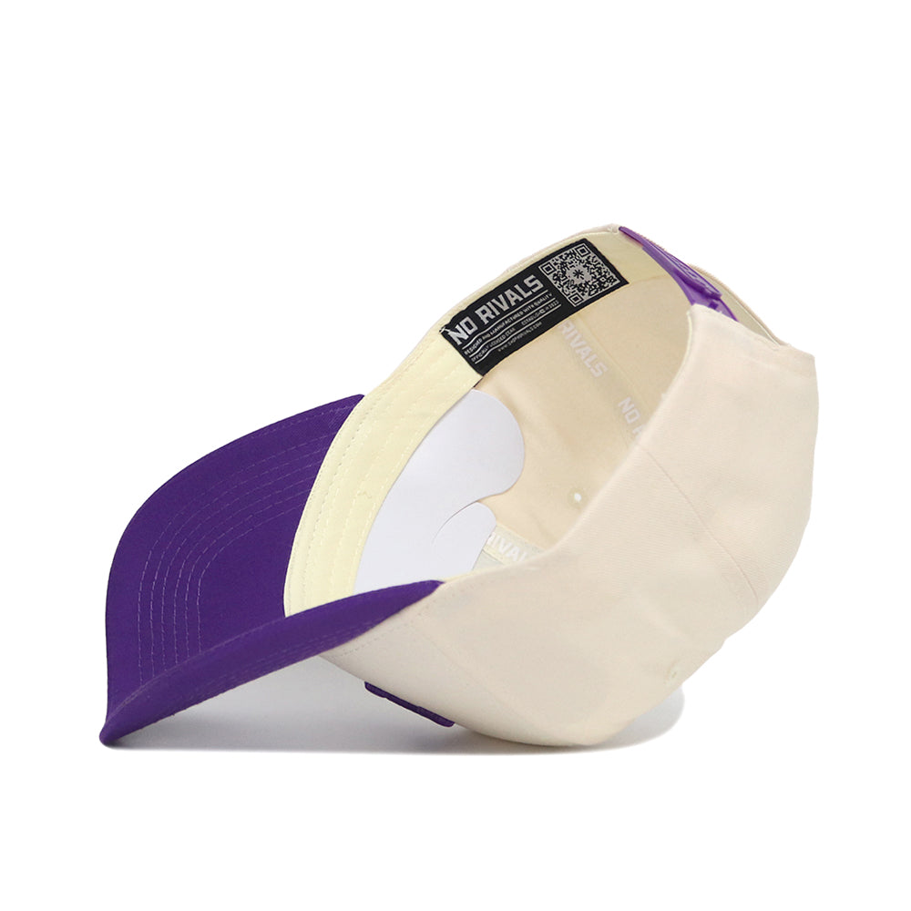 The Classic TCU Hat (B2B) by No Rivals features a cream snapback design with a curved purple bill, an underside label reading "NO RIVALS," plus a visible QR code—ideal for your next gameday look.