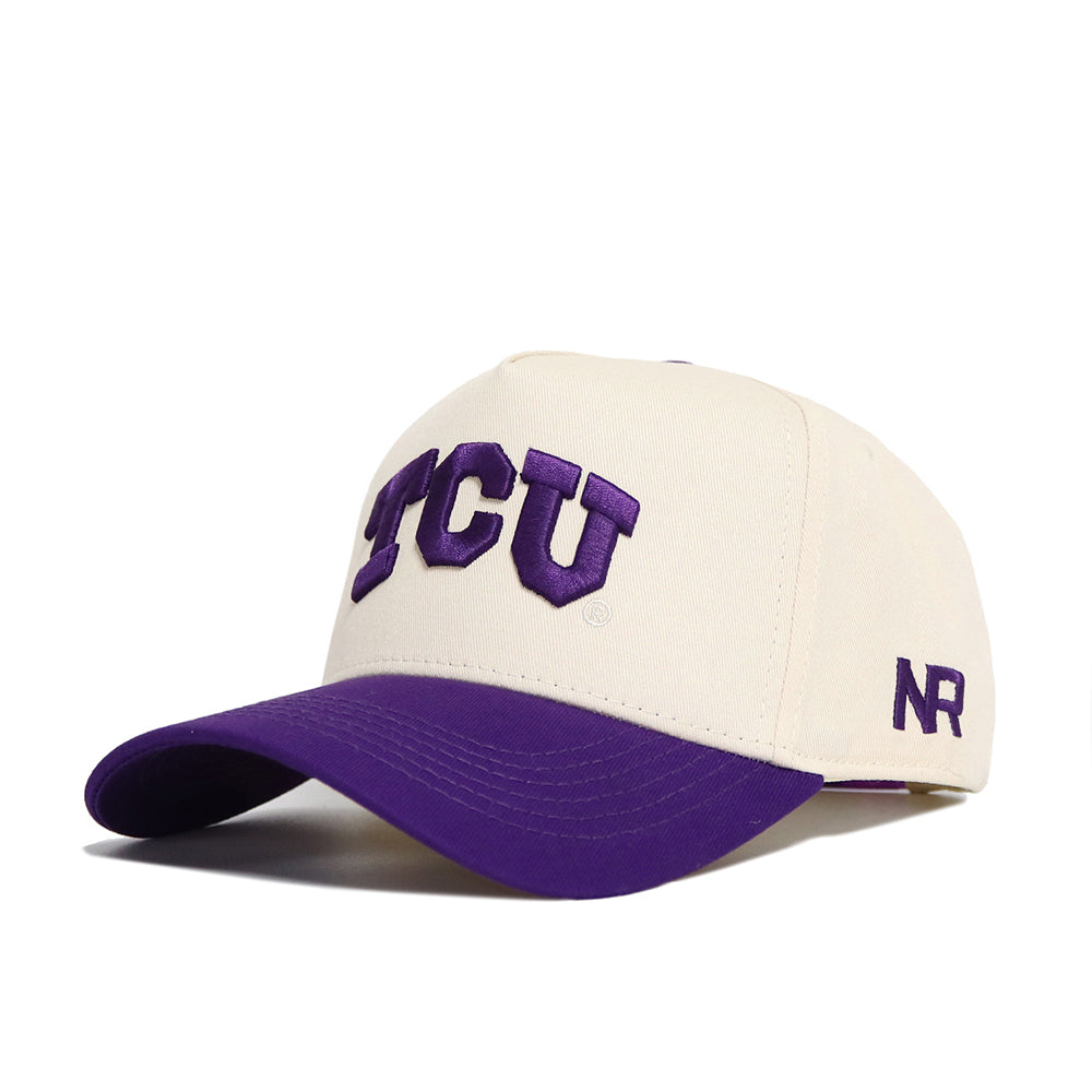 The Classic TCU Hat (B2B) by No Rivals features a cream snapback design with bold purple TCU letters, a matching brim, and embroidered NR on the side—ideal for your gameday look.