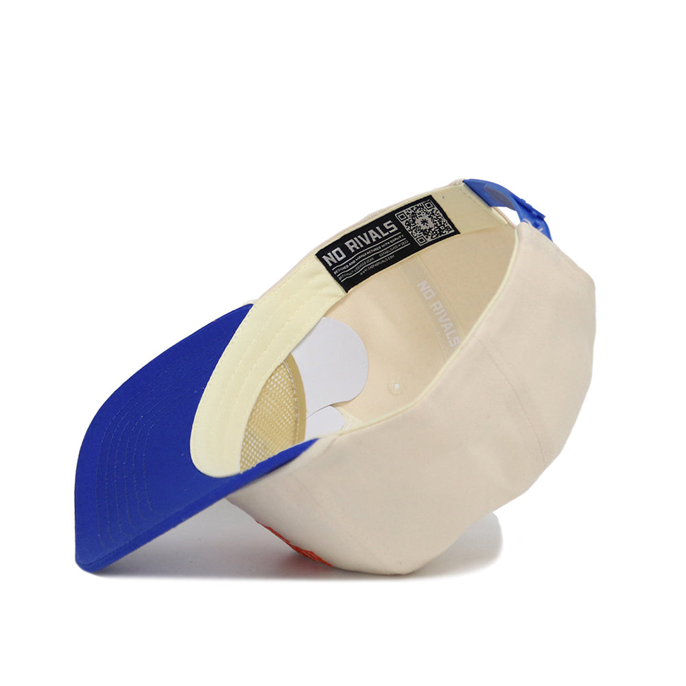 The Boise State Old School Hat by No Rivals is shown upside down, featuring beige and blue colors, mesh lining, unstructured fit, snap back closure for comfort, and a NO RIVALS label on the inner band.