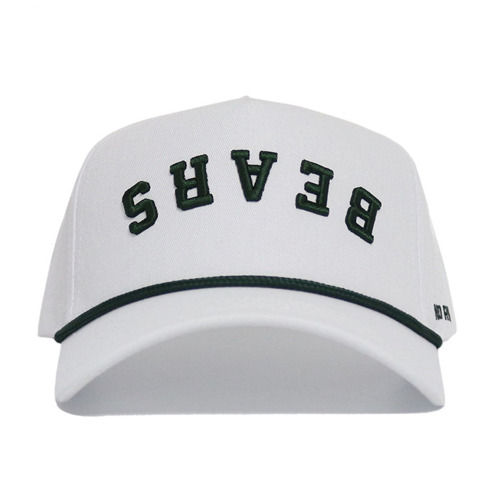 The No Rivals BEARS Hat - Whiteout is a premium white cotton baseball cap with "BEARS" boldly embroidered upside down in black, a sleek black line at the base, and an adjustable snapback for a customized fit.