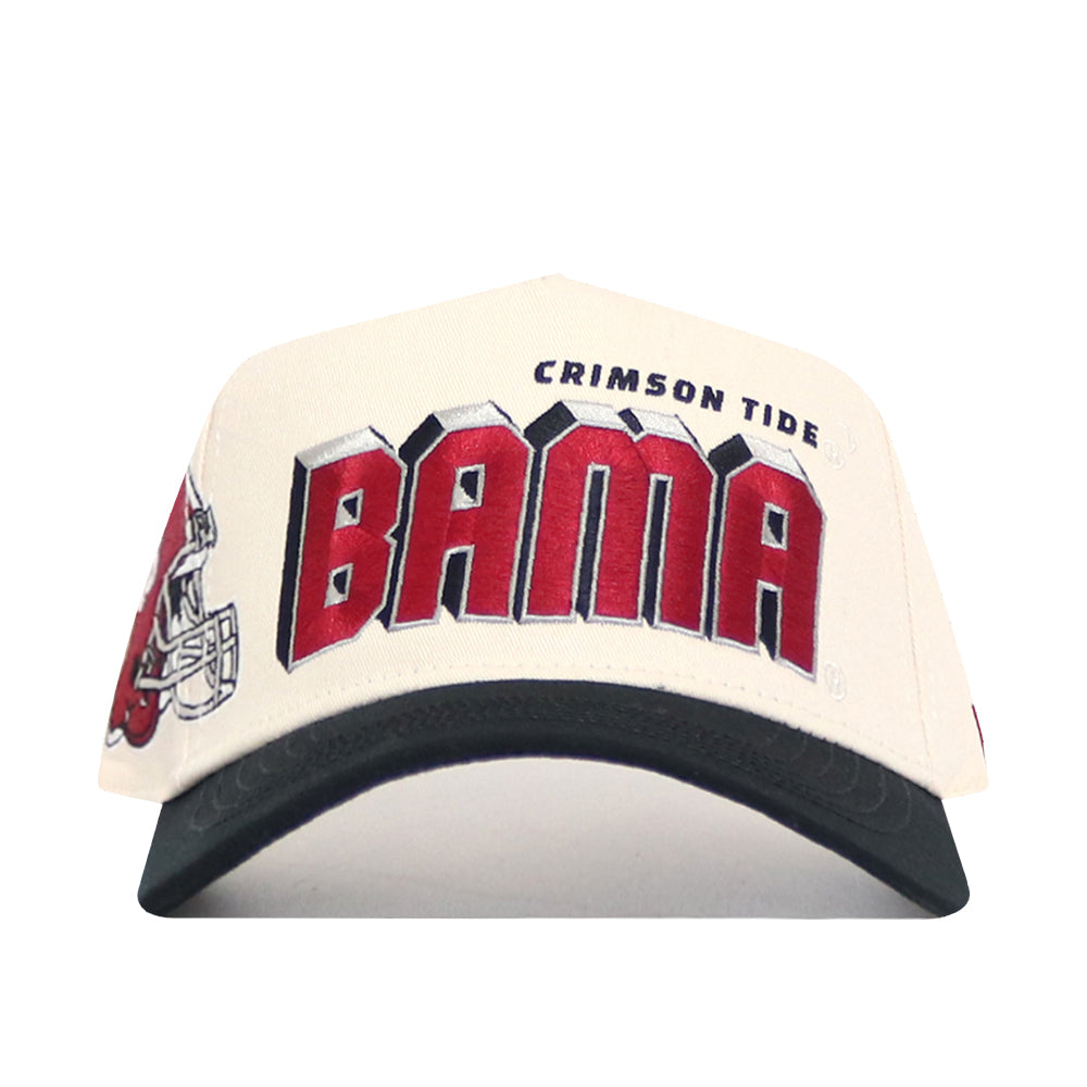 The Alabama Alma Mater Hat by No Rivals is a white snapback with a black brim, bold red BAMA lettering and CRIMSON TIDE above, part of a football helmet graphic on the left, and made from high-quality cotton in a structured fit.