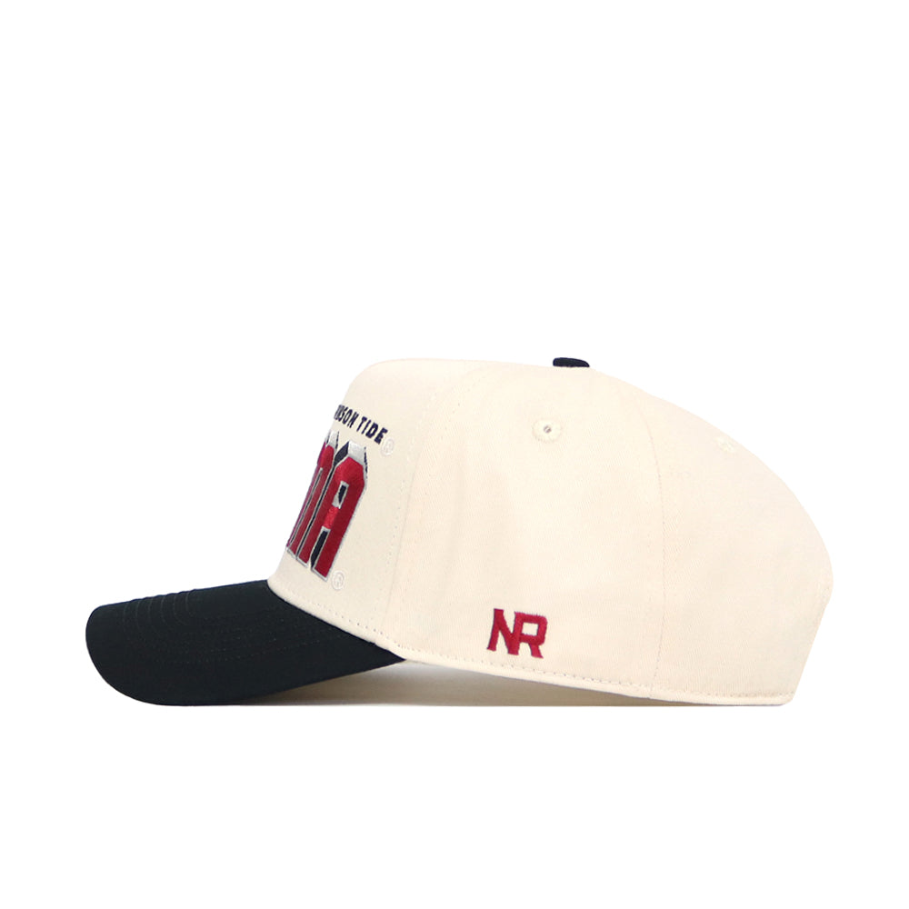 Side view of the No Rivals Alabama Alma Mater Hat, an officially licensed beige cap with a black brim, red "NR" embroidery on the side, front red and black details, a structured fit, snap back closure, and small black top button.