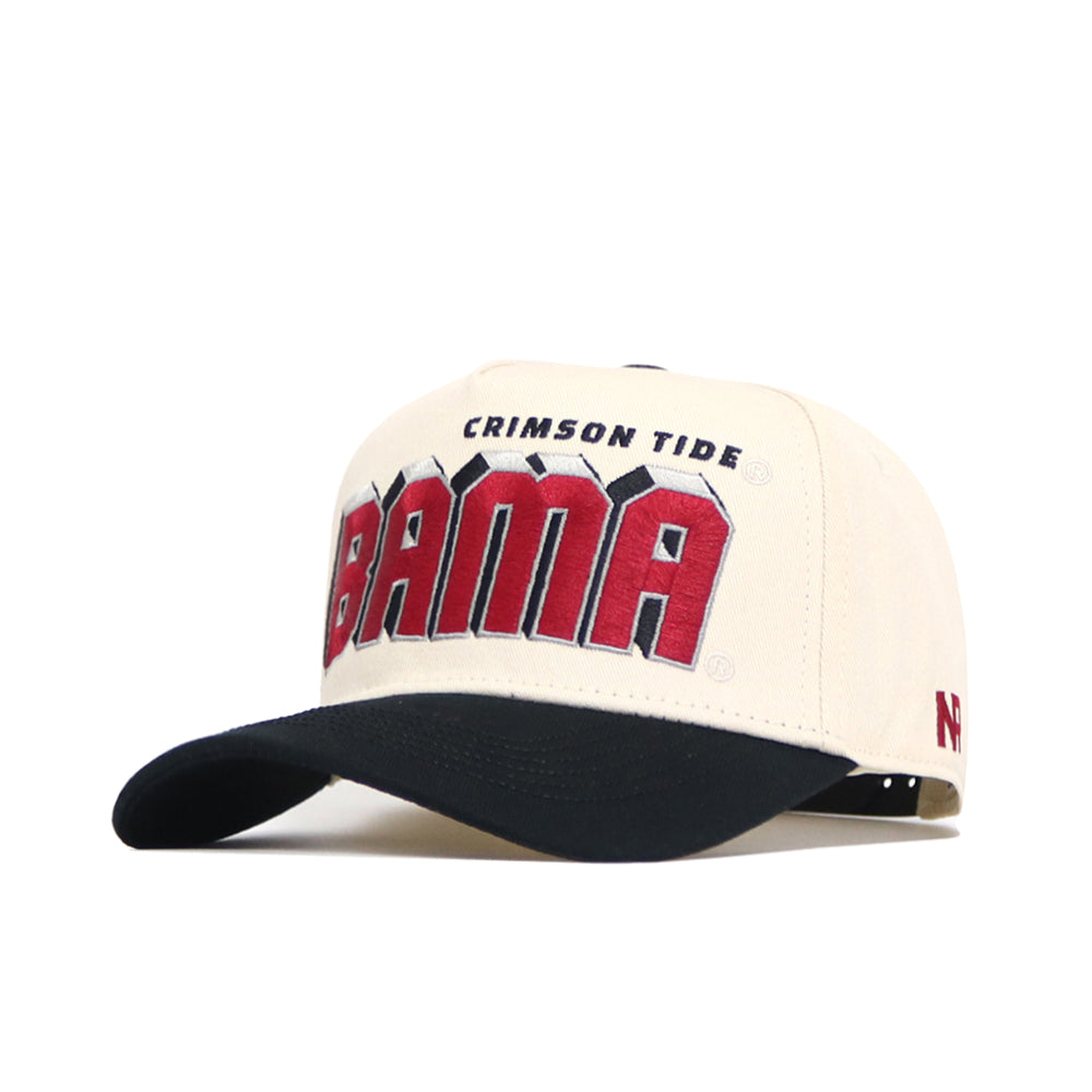 The Alabama Alma Mater Hat by No Rivals is a cream and black cotton snapback with "CRIMSON TIDE BAMA" embroidered in red and black, a structured fit, curved black bill, and red N logo—perfect for any fan.