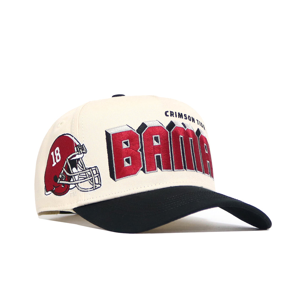 The No Rivals Alabama Alma Mater Hat is a cream snapback with a black brim, showcasing a red football helmet with “18” and bold red BAMA text, plus "CRIMSON TIDE" above. Officially licensed and structured for lasting style.