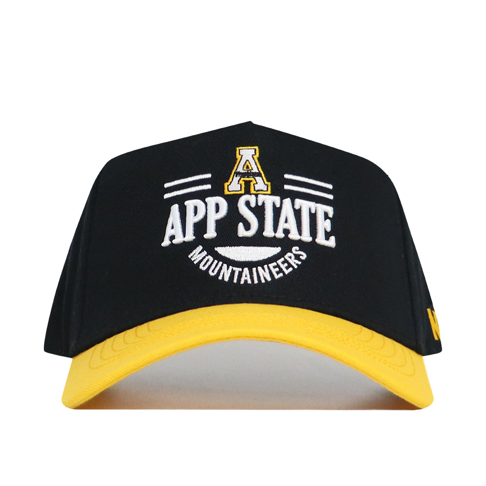 The No Rivals App State Tailgate Hat is a black and yellow structured snapback with "A App State Mountaineers" embroidered in white and yellow. This officially licensed cap is perfect for fans.