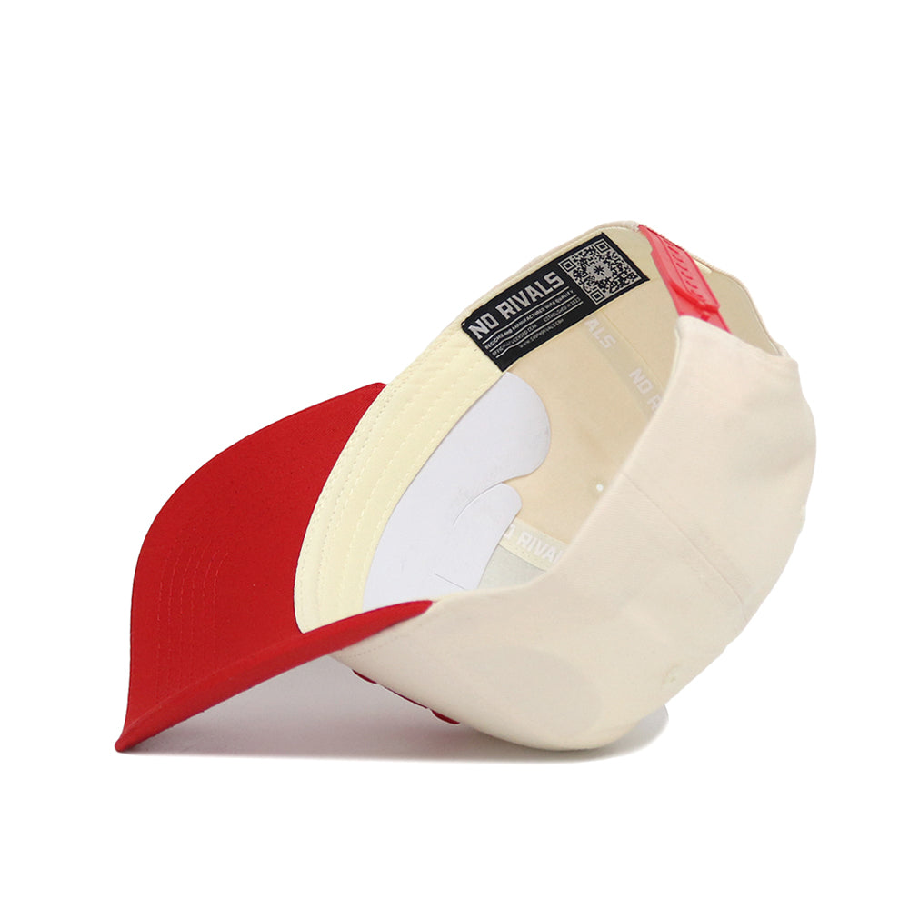 The Classic University of Nebraska Hat by No Rivals is shown upside down, displaying the branded inner band and red adjustable strap. Crafted from high-quality cotton, it offers a comfortable, structured fit.