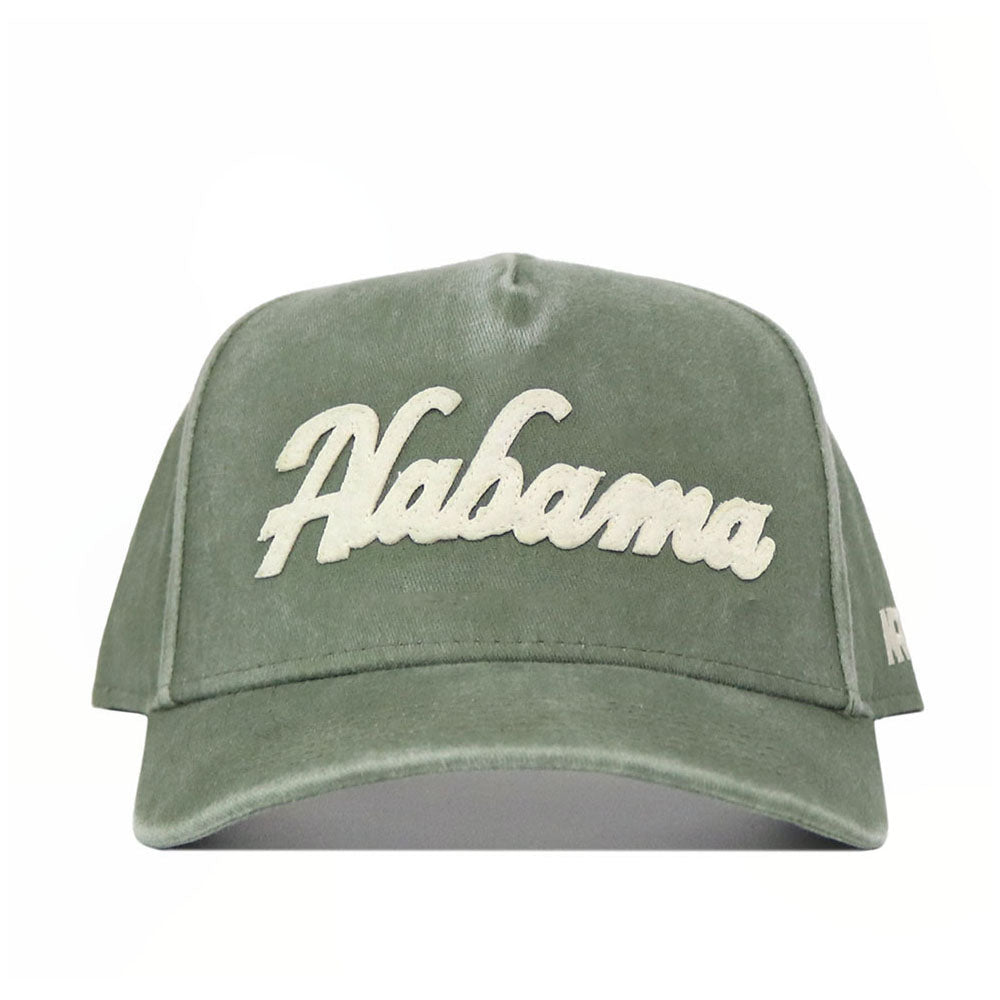 The Alabama Home Turf Hat is a green washed cotton cap with "Alabama" embroidered in bold white script on the front and a structured fit for classic style.