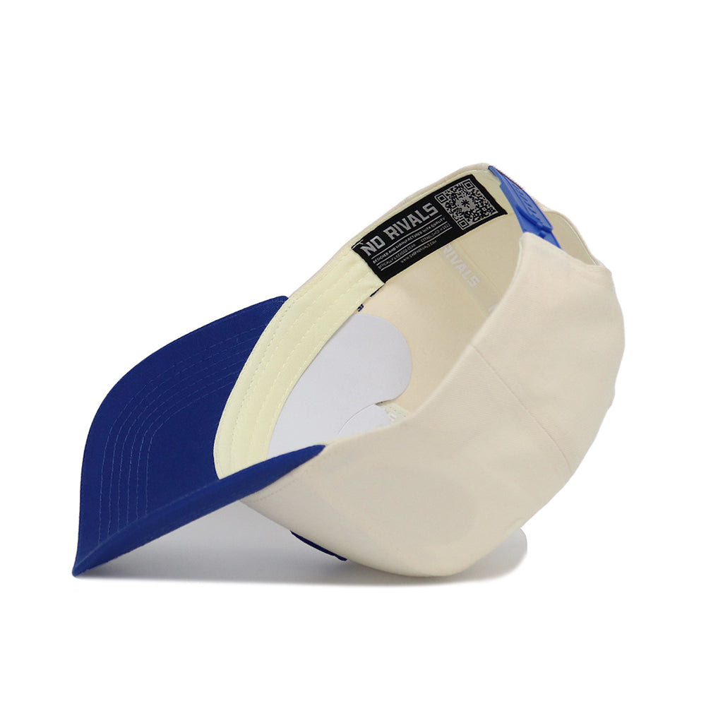This beige and blue Classic University of Kentucky Hat by No Rivals is shown from underneath, featuring its inner label with "NO RIVALS" text and a QR code on the band for an officially licensed appearance.