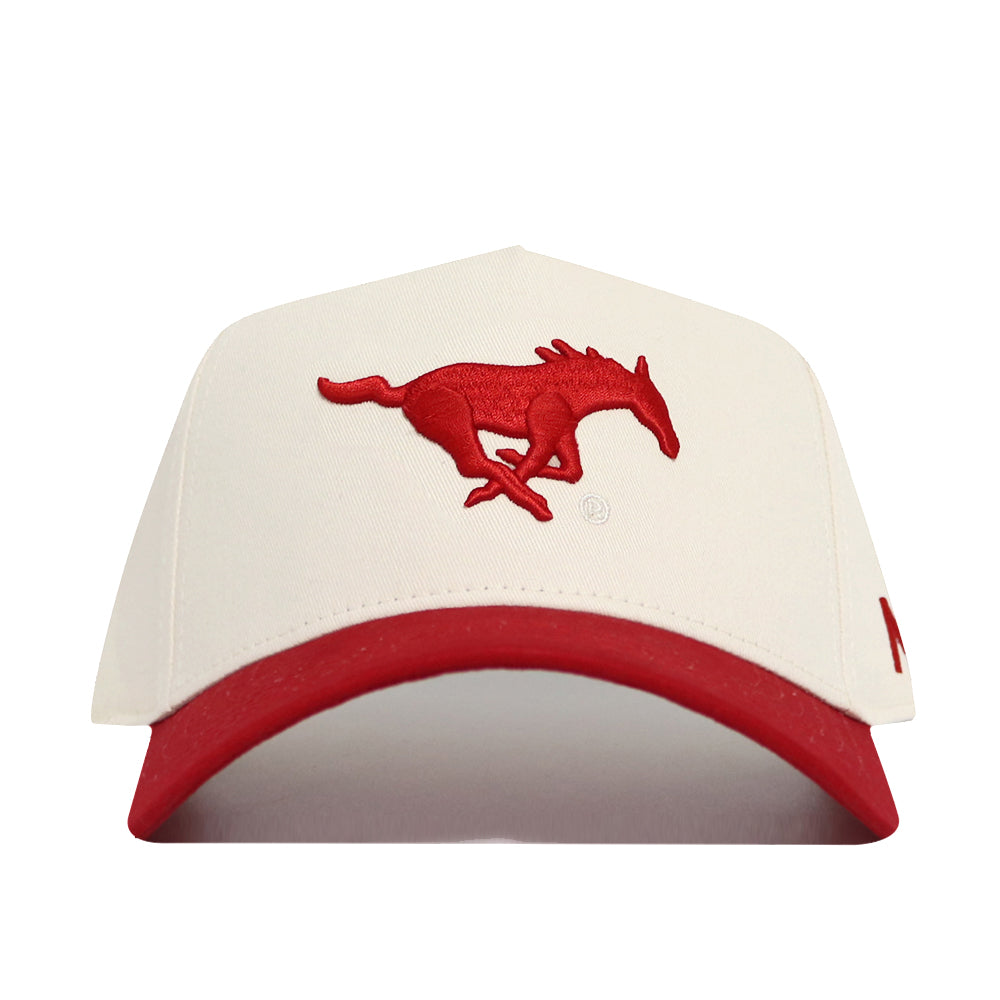 The Classic SMU Hat (B2B) by No Rivals features a white snapback design with a red brim and an embroidered running horse logo—crafted from high quality cotton for the perfect gameday fit.