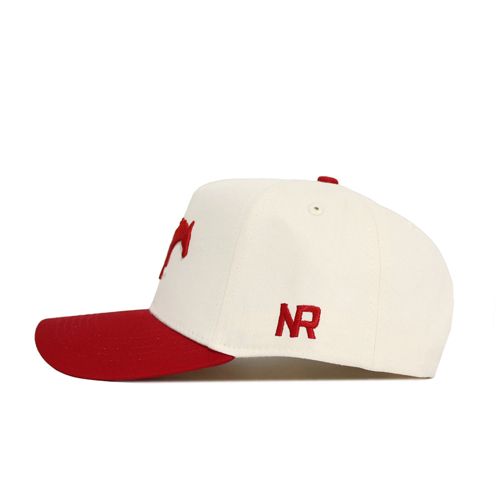 The Classic SMU Hat (B2B) by No Rivals features high-quality cotton in white, a red brim, and red embroidered NR initials on the side—an ideal snap back to complete any gameday look. Shown on a plain white background.